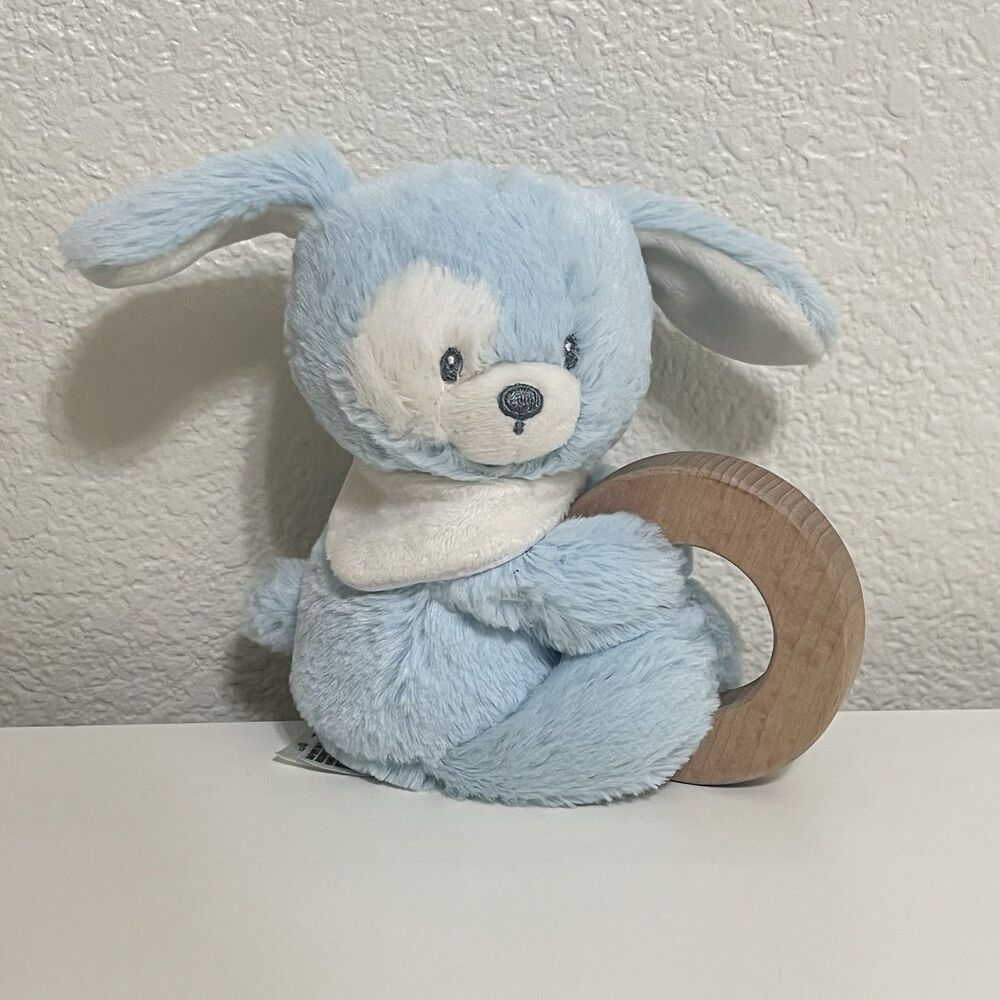 Baby Gund Sustainably Soft Bay Blue Puppy Dog Wooden Ring Rattle Toy Lovey